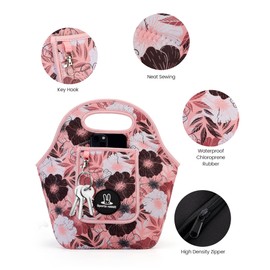Sports Rabbit Neoprene Insulated Lunch Bag for Women - Front Pocket for Phone&Keys - Reusable, Foldable, Lightweight, Waterproof, Easy to Store & Clean - Ideal for Work, Travel & Picnics (Pink Floral)
