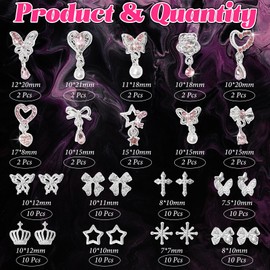 100Pcs Silver Nail Gems Charms, Dangle Star Heart Butterfly Nail Gems and Charms, 3D Pink Alloy Rhinestones Nail Charms, Bows Cross Crown Silver Nail Gem and Charms for Nails Manicure DIY Crafts