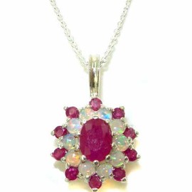 Ladies Solid 925 Sterling Silver Ornate Large Natural Ruby & Opal Large Cluster Pendant Necklace