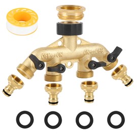 4 Way Brass Faucet, Heavy Duty Outdoor Hose Distributor, Water Pipe Distributor, Custom Shut Off Valve with 4 Individual 3/4" Taps and 3/4" to 1/2" Tap Connector for