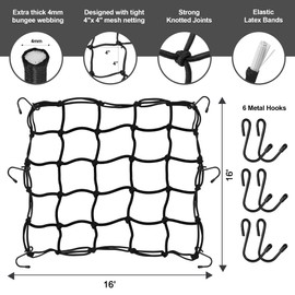 JAGASOL Cargo Nets for Motorcycle Helmet 16"X16" Elastic Bungee Net Storage Featuring 6 Hooks Tight 2"x2" Mesh Luggage Strap Rack Expansion Organizer Net Pocket for Motorbike E-Bike Trike