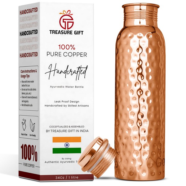 Pure Copper Water Bottle 1 Liter – Leak-Proof Ayurvedic Coppers
