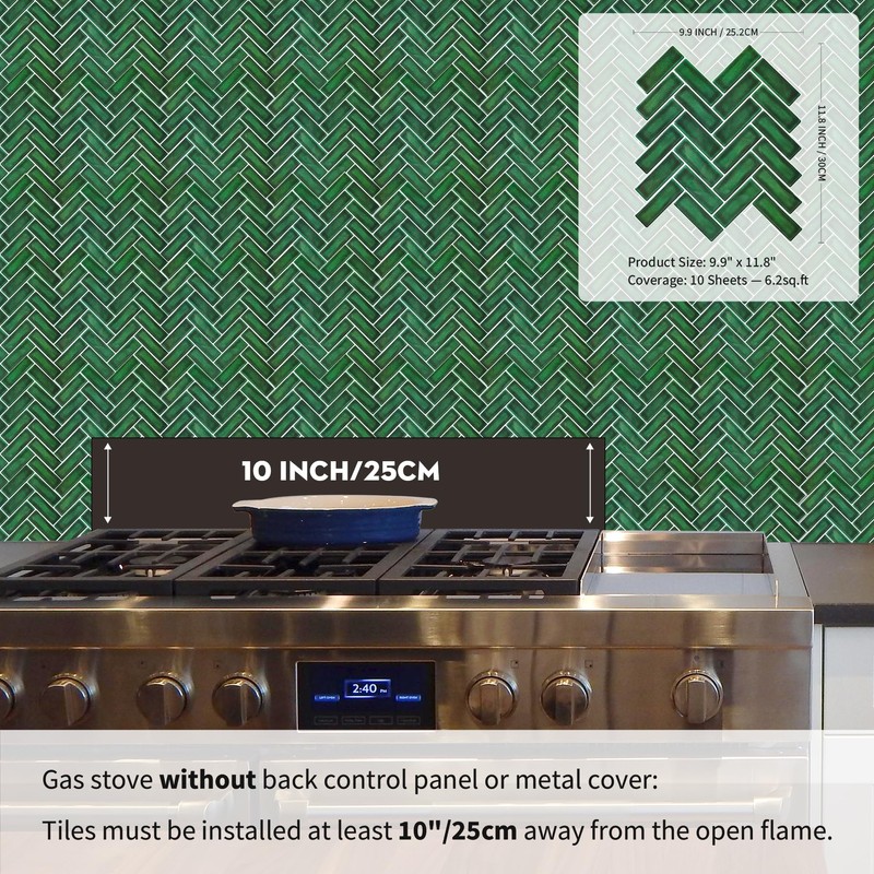 Green Peel and Stick Backsplash Herringbone Tile, Renter Friendly Backsplash