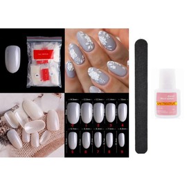 500 x False Artificial French Nail Kit Coffin, Ballerina Pointy Nail Art Acrylic Tips + Glue 10g + Nail File Nail extension Kit White Clear Natural fake nails with glue (KIT 12 CREAM TIPS)