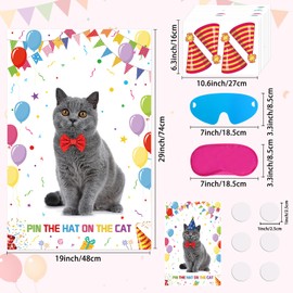 Pin The Hat on The Cat Games with Kitten Poster, 40 Mini Stickers for Kids Party Cat Theme Birthday Party Decorations Pet Party Favor Supplies