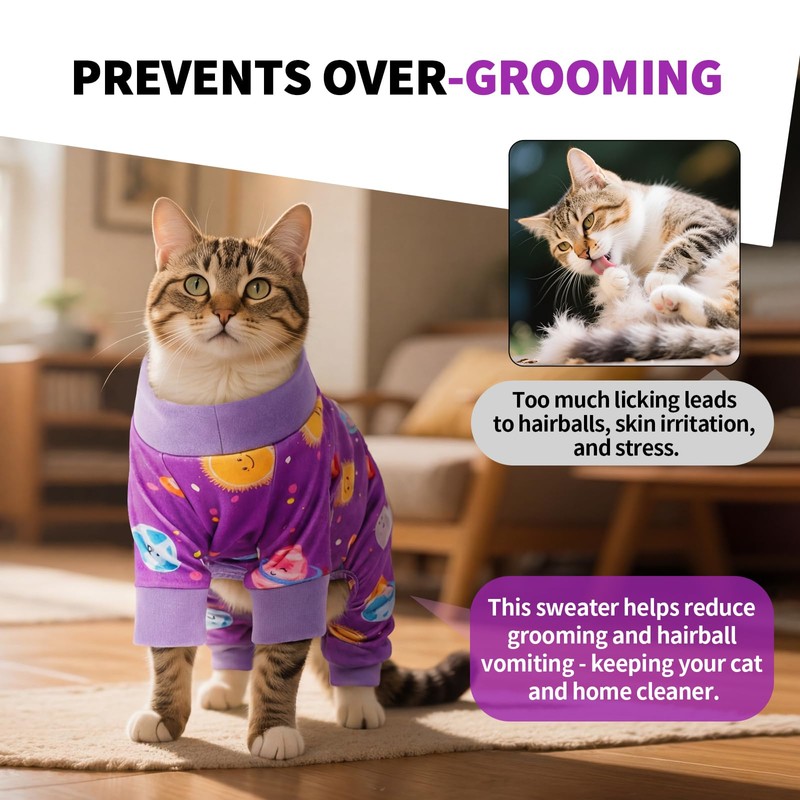 OUOBOB Sticky Hair Cat Clothes, Anti-Shedding Cat Pajamas, Purple S