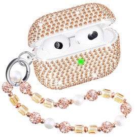 Topgraph Compatible with AirPods 3 Case, Glitter Diamond Cover for Airpod 3rd Generation with Sparkle Shiny Crystal Wrist Chain Strap Keychain Rosegold