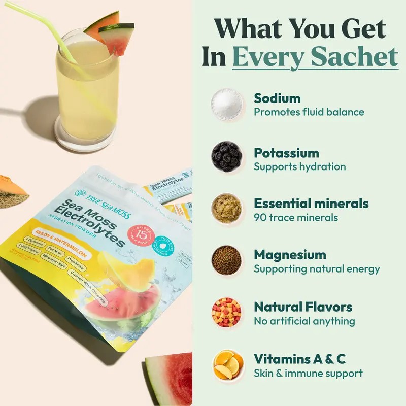 Sea Moss Electrolyte Powder Packets Melon Watermelon Flavor, Natural Hydration
