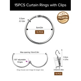 Hengxinc 30 PCS Curtain Rings with Clips 50 mm Curtain Clip Ring metal Curtain Rings stainless steel Curtain Hooks for Home Window Rod Decoration (silvery)