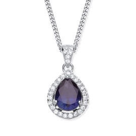 Old English Jewellers Sterling Silver Blue Sapphire TearDrop Pendant Necklace + 18 inch Chain