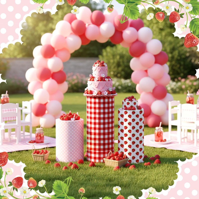 SmoothNovelty 3 Pcs Strawberry Cylinder Pedestal Stand Covers Spandex Plinth