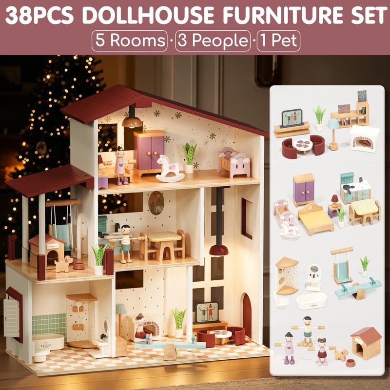 Lehoo Castle Wooden Dollhouse for Girls, Doll House with 5