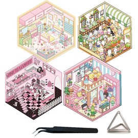 3D Sticker Scene with tweezer and Small Bracket, 4 Sets DIY 3D House Stickers Fun 3D Cartoon Scene Stickers for Adult Kids Relief Stress Pass The Time