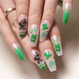 St. Patrick's Day Press on Nails Square Clover Artificial Coffin Medium Fake Nails with Green Clover Glitter Designs Ireland Shamrocks Full Cover Acrylic False Nails Glue ons Fingernails for Women