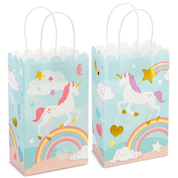 Paper Gift Bag - 24-Pack Rainbow Unicorn Party Favor Bags, Paper Treat Bags for Kids Birthday, Light Blue with Gold Foil Accent, 5.5 x 8.6 x 3 Inches