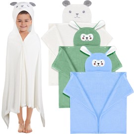 Moukeren 3 Pcs Hooded Towel for Kids 27.5 x 50 Inch Large Toddler Baby Bath Towel Coral Fleece Soft Absorbent Kids Shower Blanket for 3-10(Blue, White, Green,Rabbit, Bear)