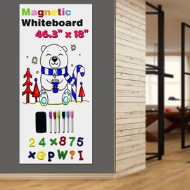 LACQWO Magnetic Whiteboard Paper for Wall 46.3" x 18" Adhesive Magnetic Dry Erase White Board Sticker with 53 Magnetic Letters 6 Markers for Kid Removable Peel and Stick Whiteboard Wallpaper Roll