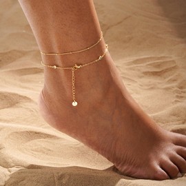 Hothrty Gold Initial Ankle Bracelets for Women,Layered CZ Round Plate Letter Satellite Chain Waterproof Summer Beach Jewelry