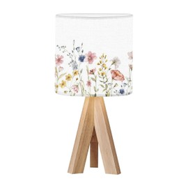OEPWQIWEPZ Tripod Bedside Desk Table Lamp Watercolor Floral Seamless Border Hand Frame Green Leaves Wildflowers Wood Nightstand Lamp with Linen Fabric Shade for Nursery Bedroom Living Room Kids Room