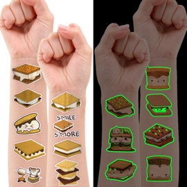 96PCS Smores Pre-Cut Temporary Tattoos Campfire Birthday Party Decorations Favors Supplies Camping Baby Shower Themed Stickers 8 Sheets Gifts for Kids Girls Boys Decor Class School (Luminous)
