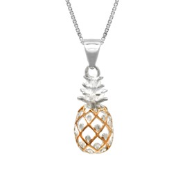 Honolulu Jewelry Company Sterling Silver with 14K Rose Gold Plated Trim Pineapple Necklace Pendant with 18" Box Chain
