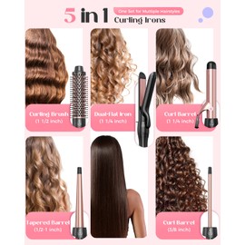 Lopeie 5 in 1 Curling Iron with Thermal Brush and 4 Interchangeable Ceramic Barrels(1/2 to 1 1/2 inch), Curling Wand Set with Flat Iron, Fast Heating, Dual Voltage Hair Curler, Gifts for Women