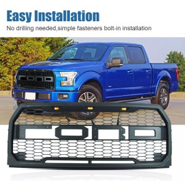 Autohai Front Grill for 2015-2017 FORD F150 W/Lights Black