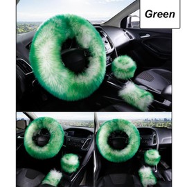 Car Steering Wheel Cover Gear Shift Handbrake Fluffy Cover for Women/Ladies Pure Wool Universal Fit 15 Inch 1 Set 3 Pcs (Green)