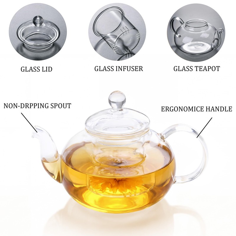 TMOST Glass Teapot 600ml/20.3oz with Removable Infuser Stovetop Safe Glass