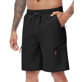 LAZYDAY Men's Hiking Cargo Shorts with Zipper Pockets Elastic Waist Quick Dry for Outdoor,Travel,Summer,Fishing Black