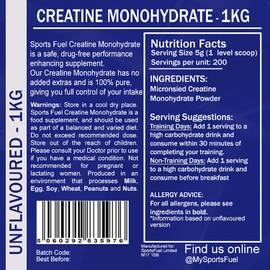 Sports Fuel Sports Fuel 1 kg, Creatine Monohydrate Powder Supplement, for Strength, Bulk, Performance & Muscle Recovery (Not Gummies or Tablets), 200 Servings (Unflavoured)