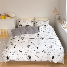Space Duvet Cover Set Single White Universe Planet Rocket and Astronaut Quilt Cover Starry Sky Printed Luxury Soft Bedding Set (1 Duvet Cover and 1 Pillowcases)