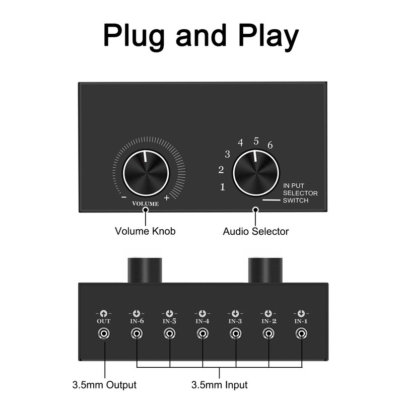 6-Way Audio Switcher, 3.5mm (1/8") Stereo Audio Switcher, Plug &