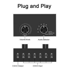 6-Way Audio Switcher, 3.5mm (1/8") Stereo Audio Switcher, Plug & Play Compatible with PC, Laptop, MP3, MP4, Headphone, Game System ect. (6 in-1 Out)