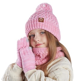 Kids Winter Hat, Scarf and Gloves, Warm Thermal Knitted Hat, Neck Warmer, Touch Screen Glove with Soft Fleece Lining, for Girls and Boys, Age 4-10 Years, rose, One size fits all