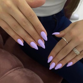 Lilac Press on Nails Almond Shaped 48Pcs Neutral Thick Fake Nails for Women Medium Almond Nails Press on Reusable Acrylic Nails Glue on Medium Length Stiletto False Nails Gel Artificial Nails Lavender