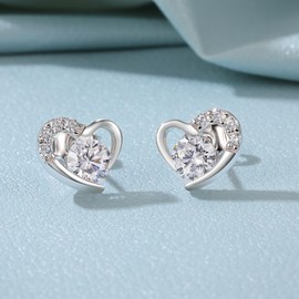 925 Sterling Silver 18K White Gold Plated Love Heart Stud Earrings for Women Men Cubic Zirconia Faux Diamond Hypoallergenica for Senstive Ears Tint Lightweight Piercing Post, Cubic Zirconia, Cubic