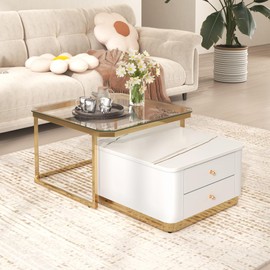 27.6'' Modern 2 Pieces White Square Nesting Coffee Table with Drawers & Electroplated for Living Room Gold Legs