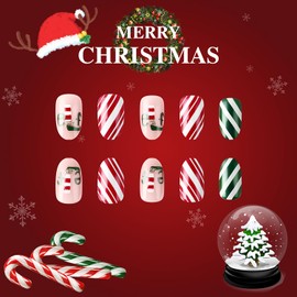 RIICFDD Christmas Nails Short Press on Nails Almond Fake Nails Red Green Stripe False Nails Santa Hat Stick on Nails Gold Glitter Glue on Nails Full Cover Acrylic Nails for Women Nail Decor 24 Pcs