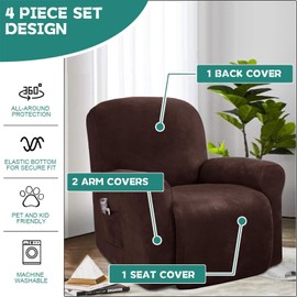 QQJIN Velvet Recliner Chair Cover with Side Pocket, 4 Piece Non Slip Recliner Cover, 1 Seat Stretch Recliner Protector Form Fitted Thick Soft Washable for Living Room, Pet, Kids,Brown