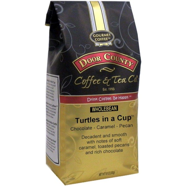 Door County Coffee, Turtles in a Cup, Caramel, Toasted Pecans & Chocolate Flavored Coffee, Medium Roast, Whole Bean Coffee, 10 oz Bag