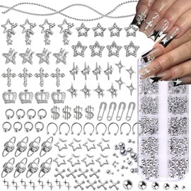 92 Adornos De Estrella Para Uñas 1 Caja De Perlas Para Manualidades Con Parte Trasera Plana Cruz De Planeta De Metal Y2K Para Decoración De Uñas Acrílicas Diamantes De Imitación Colg