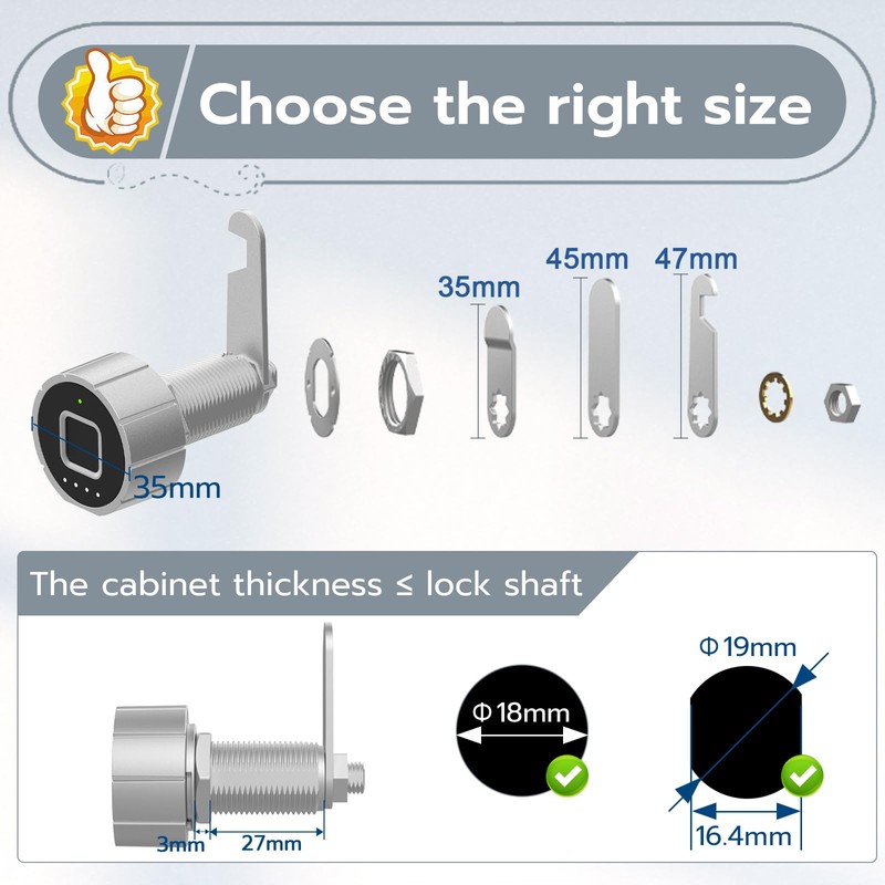Pothunder Smart Cabinet Lock, 1 1/8" (30mm) Long Cabinet Cam