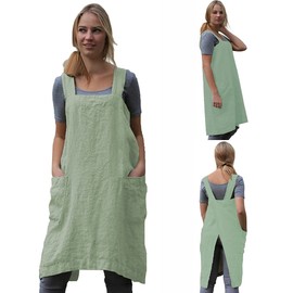 TBA Delantal de lino y algodón con espalda cruzada para mujer con bolsillos grandes, vestido cuadrado para hornear, cocinar barbacoa y parrilla, Verde claro, M