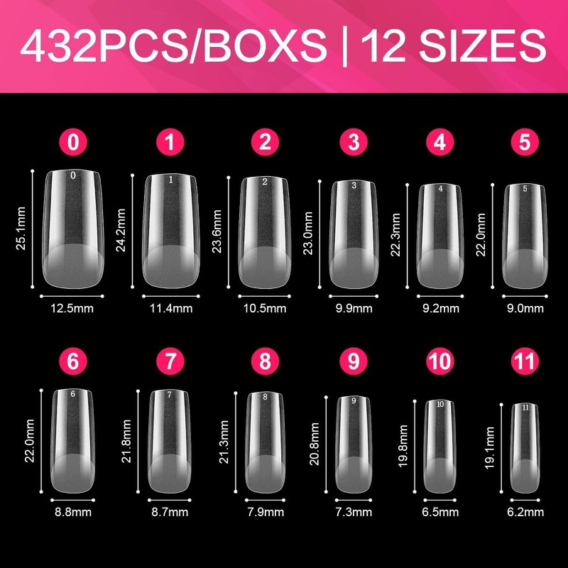 AIMEILI Pack of 432 Fake Nails Transparent 12 Sizes Artificial