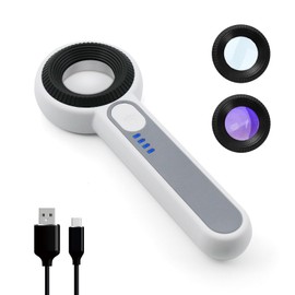 60X Handheld Magnifier with UV&LED Lights Jeweler Loups Magnifying Glass with 30mm Optical Lens, Touch Button, Rechargeable Portable Magnifier for Gemstones Jewelry Watch Repair PCB Plants Inspection