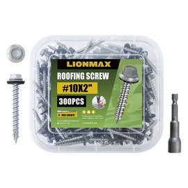 LIONMAX Metal Roofing Screws #10 × 2 Inch, 300-PCS, Rustpert Coating Hex Head Sheet Metal to Wood Siding Screw with Rubber Washer, Sharp Point, Hex Socket Included