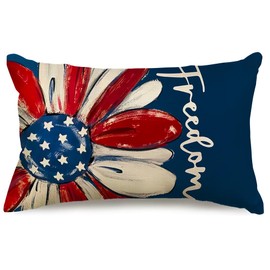 RABUSOFA 4th of July Patriotic Pillow Covers 12X20 Inch,Freedom Memorial Day Fourth of July Pillow Cases,America Stars Red White and Blue Cushion Case Daisy Sunflower(15-12)