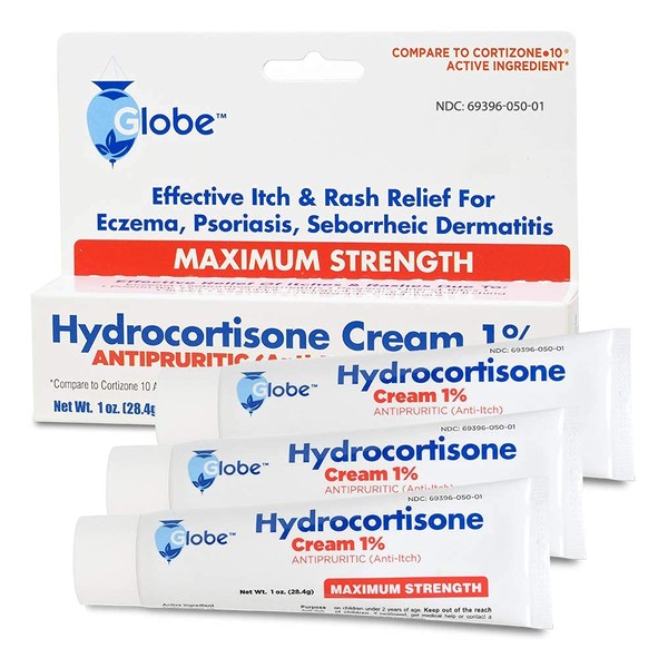 Globe (3 Pack Hydrocortisone Maximum Strength Cream 1%, Anti-Itch Cream for Redness, Swelling, Itching, Rash, Bug/Mosquito Bites, Eczema, Hemorrhoids & More