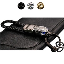 Flypc Luxury Jaguar Metal Car Keyring,Leather Cord Key Chain,Elegant Detachable Car & Home Keychain for Man and Women,Metal Leopard Head with Blue Diamond Eyes(Black)